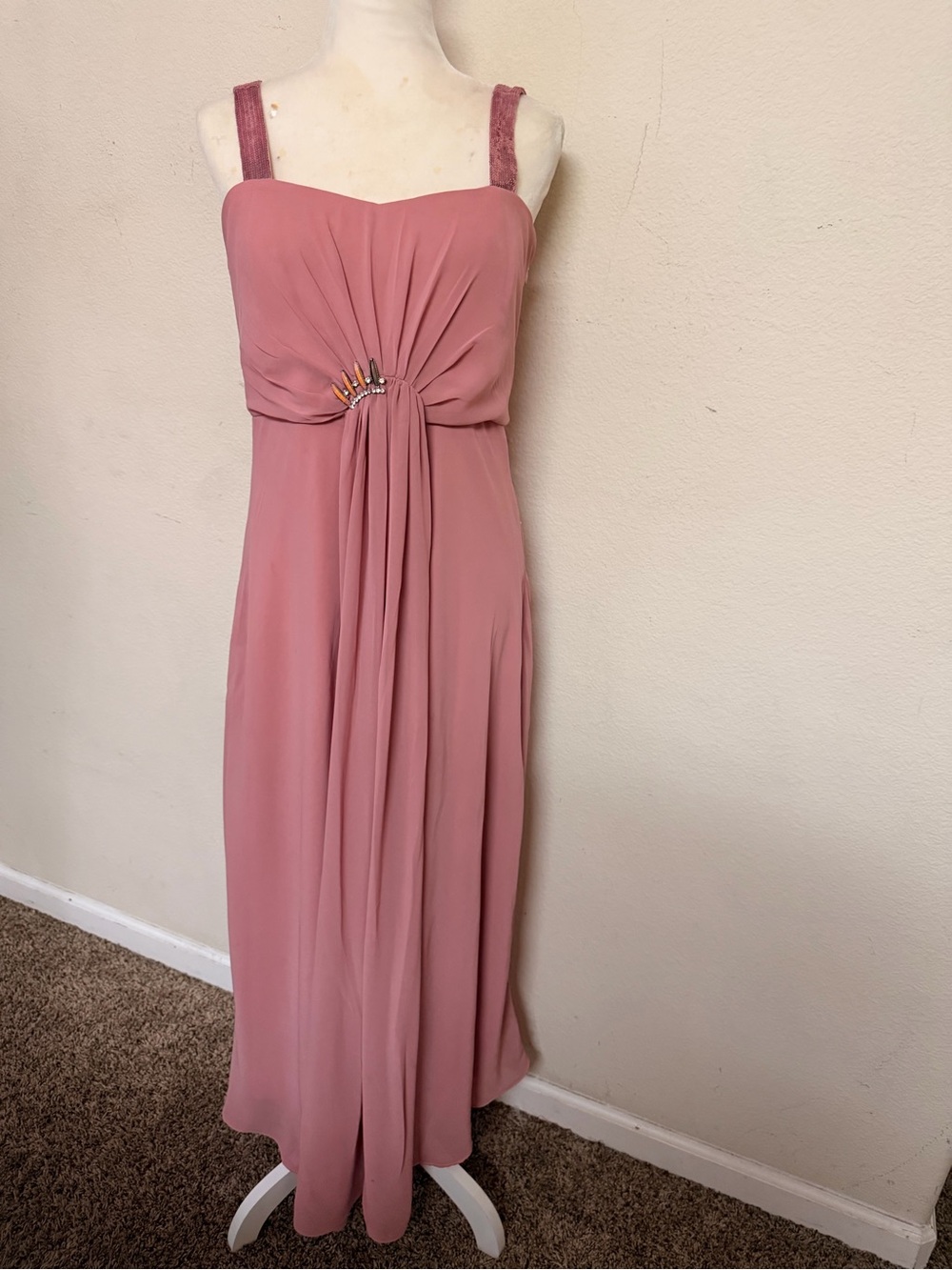 Draped Rose Pink Maxi Dress with Embellished Waist
